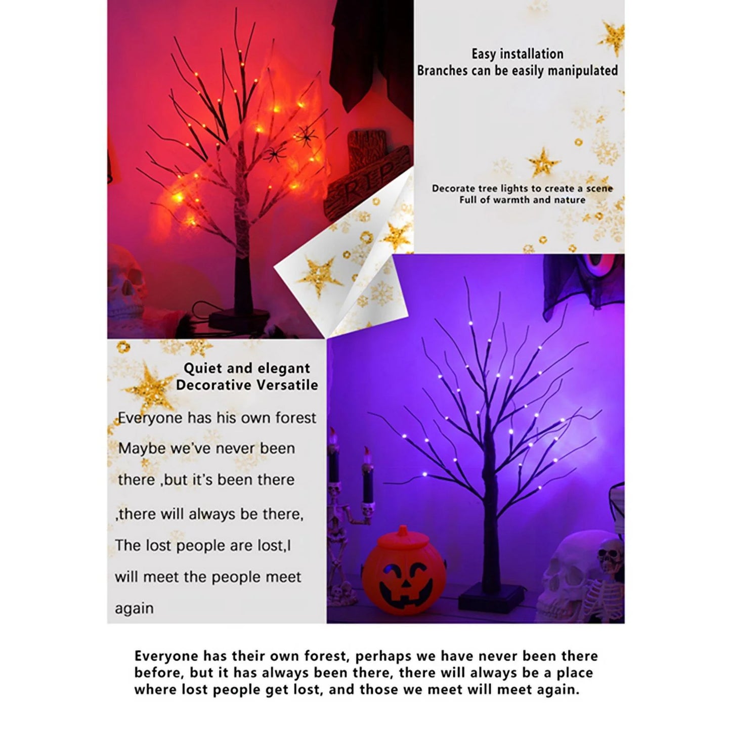 23.6 Inch Halloween Birch Tree Halloween Decorations Black Christmas Tree with 24LED Orange and Purple Lights and Halloween Lights Indoor Tabletop Tree Light,2 Light Modes,Usb/Battery Power