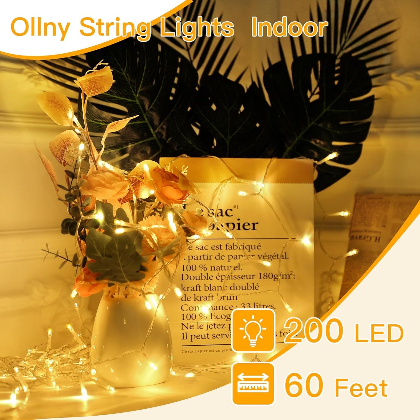String Lights Indoor 200LED 60FT, Warm White Connectable Plug in LED Outdoor Light, 8 Modes Waterproof Timer Christmas Lights for outside Bedroom House Party Wedding Camping