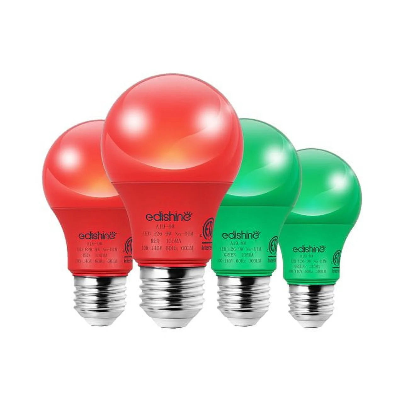 2 Red and 2 Green LED Light Bulbs A19 LED Bulbs 60W Equivalent, E26 Medium Base, 9W, Non-Dimmable 4-Pack