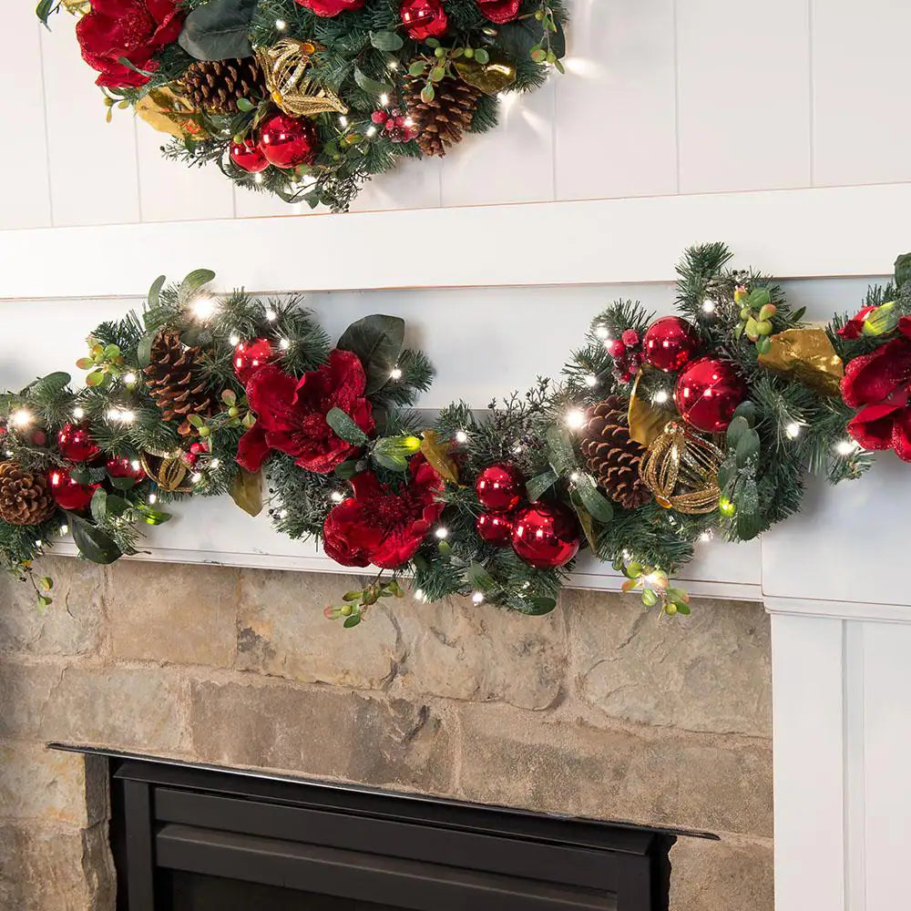 9 Ft. Pre-Lit LED Red Magnolia Garland