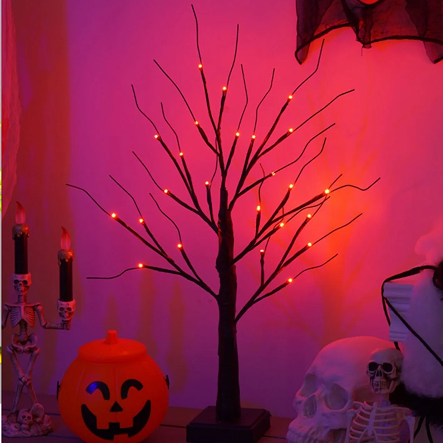 23.6 Inch Halloween Birch Tree Halloween Decorations Black Christmas Tree with 24LED Orange and Purple Lights and Halloween Lights Indoor Tabletop Tree Light,2 Light Modes,Usb/Battery Power