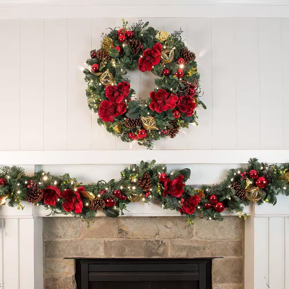 9 Ft. Pre-Lit LED Red Magnolia Garland