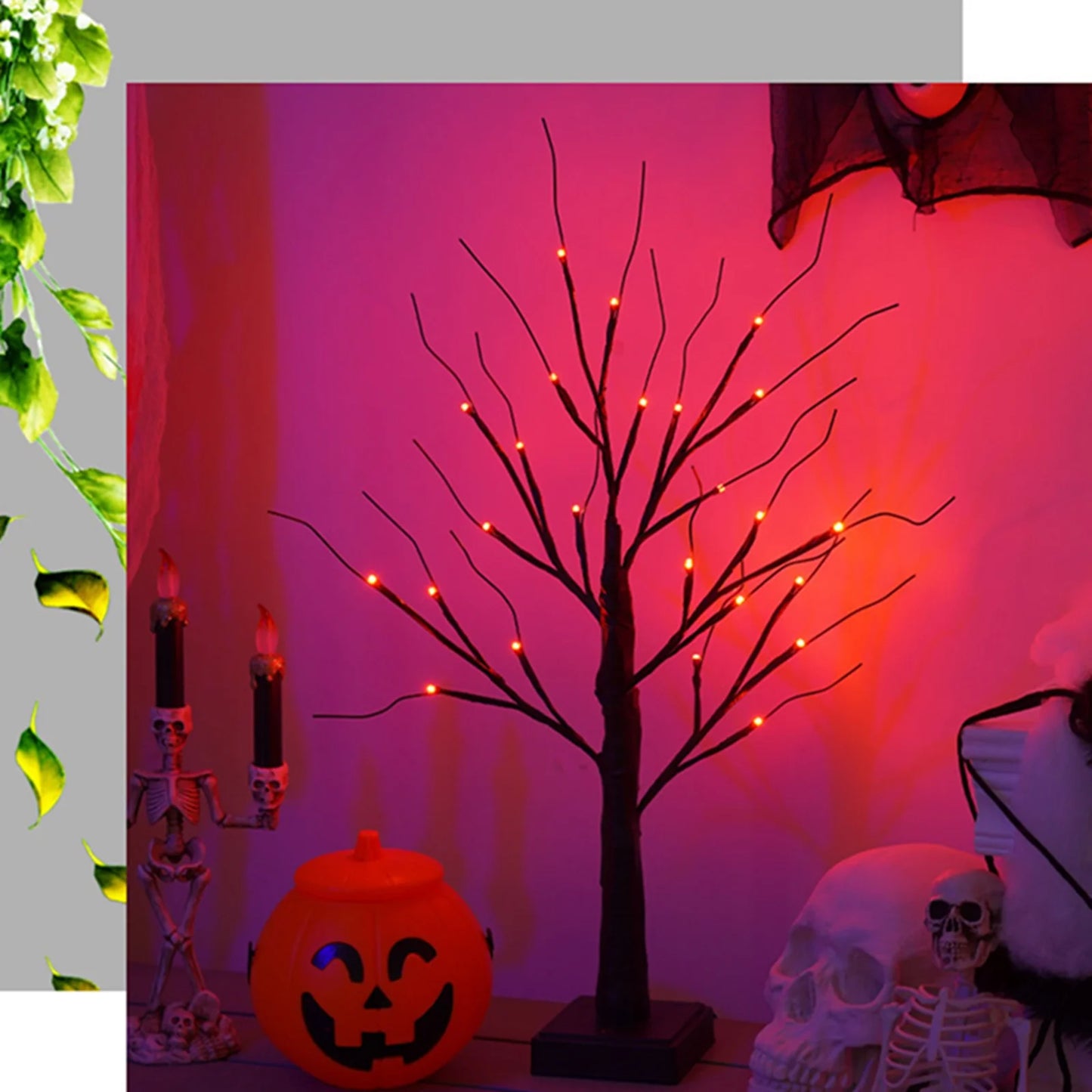 23.6 Inch Halloween Birch Tree Halloween Decorations Black Christmas Tree with 24LED Orange and Purple Lights and Halloween Lights Indoor Tabletop Tree Light,2 Light Modes,Usb/Battery Power
