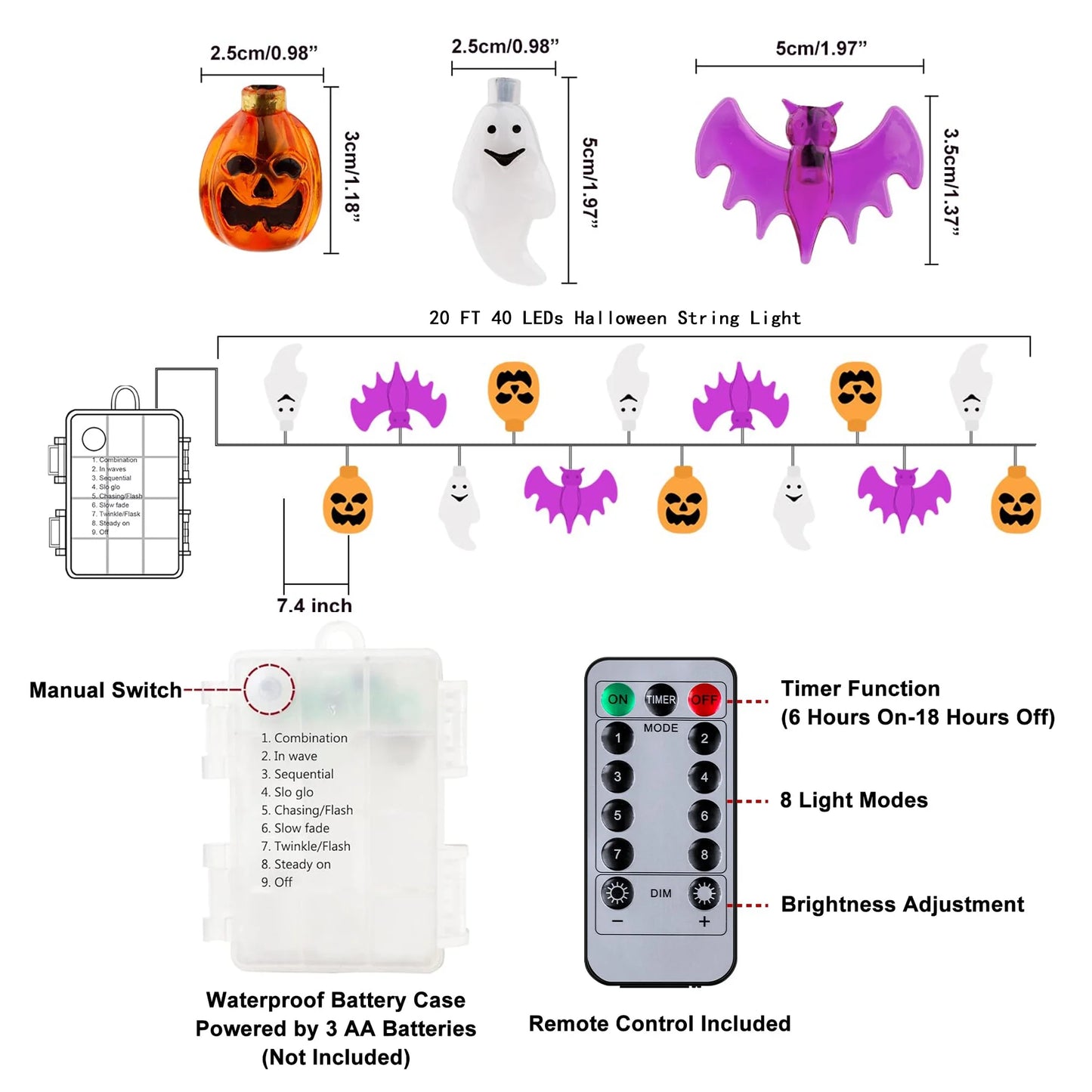 20Ft 40 LED Halloween String Lights with Pumpkin Bat Ghost, 8 Lighting Modes Waterproof Halloween Decorations for Home Party Decor