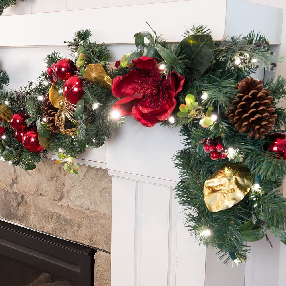 9 Ft. Pre-Lit LED Red Magnolia Garland
