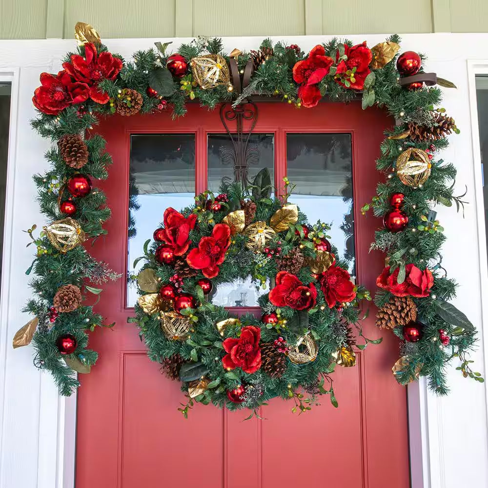 9 Ft. Pre-Lit LED Red Magnolia Garland
