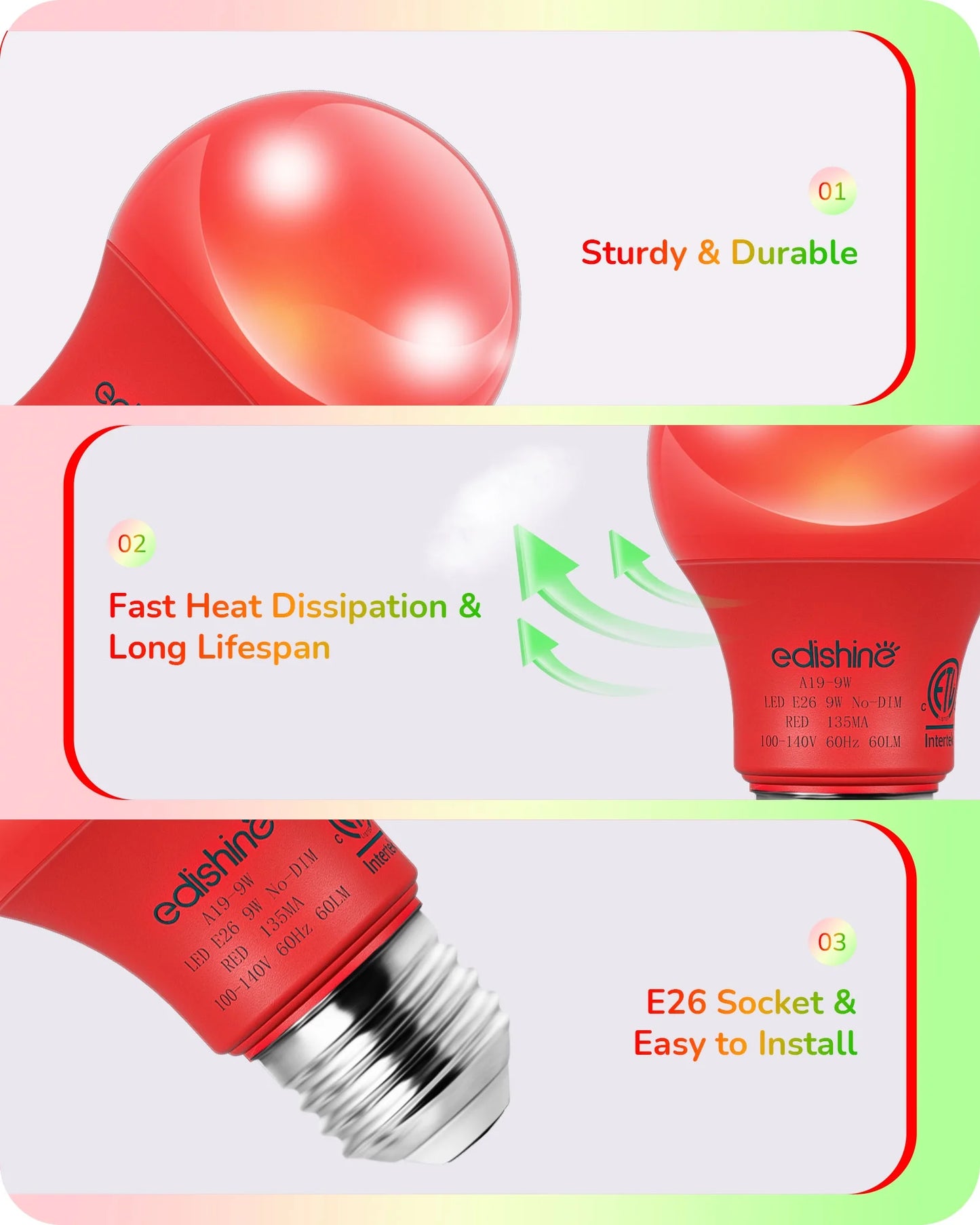 2 Red and 2 Green LED Light Bulbs A19 LED Bulbs 60W Equivalent, E26 Medium Base, 9W, Non-Dimmable 4-Pack