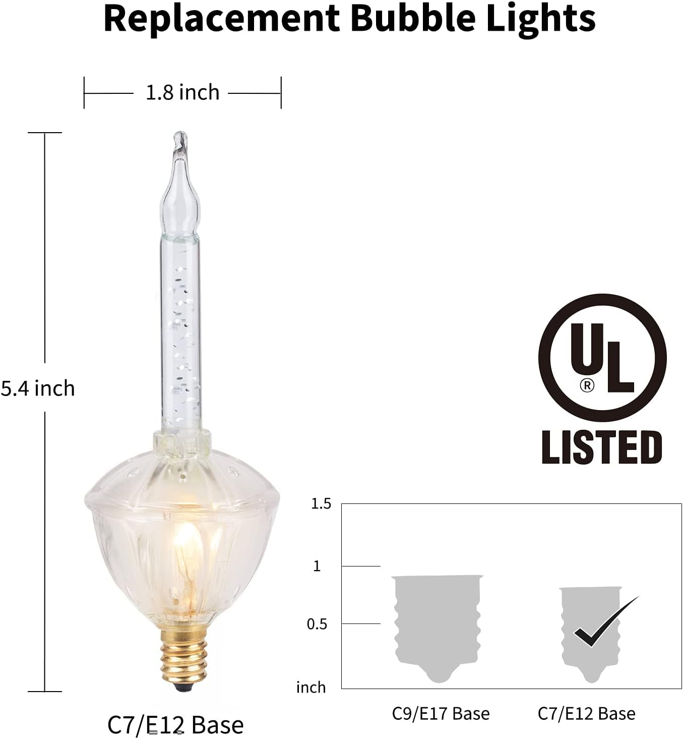 7 Pack Bubble Lights Replacement Bulbs, Traditional Christmas Clear Fluid Lights with Silver Glitter, C7 E12 Candelabra Base, Lamps for Xmas Tree Decoration