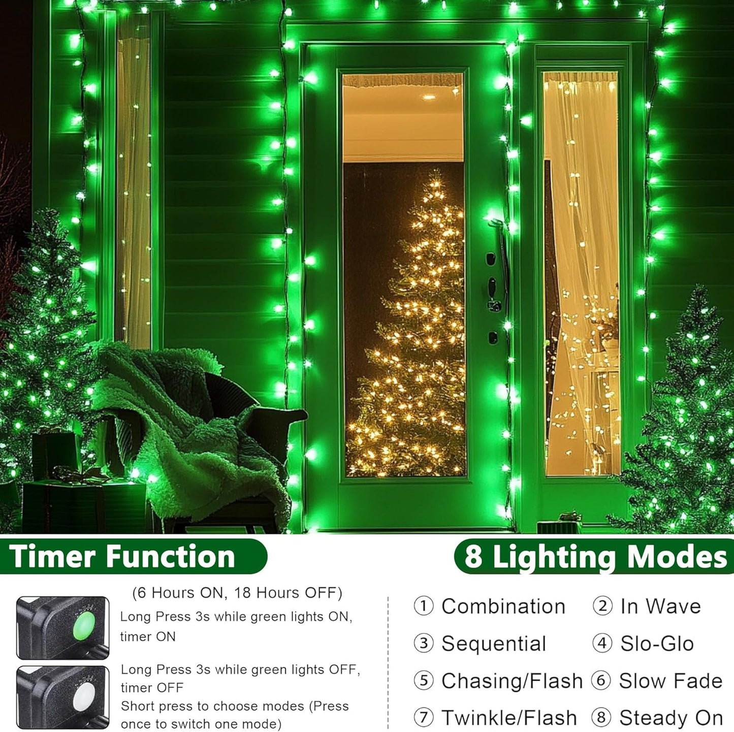 Christmas Lights 100FT 300 LED String Lights with 8 Modes Timer Connectable Waterproof Plug-In Fairy Lights for Home, Garden, Party, Holiday, Tree, Christmas Decorations (Green)