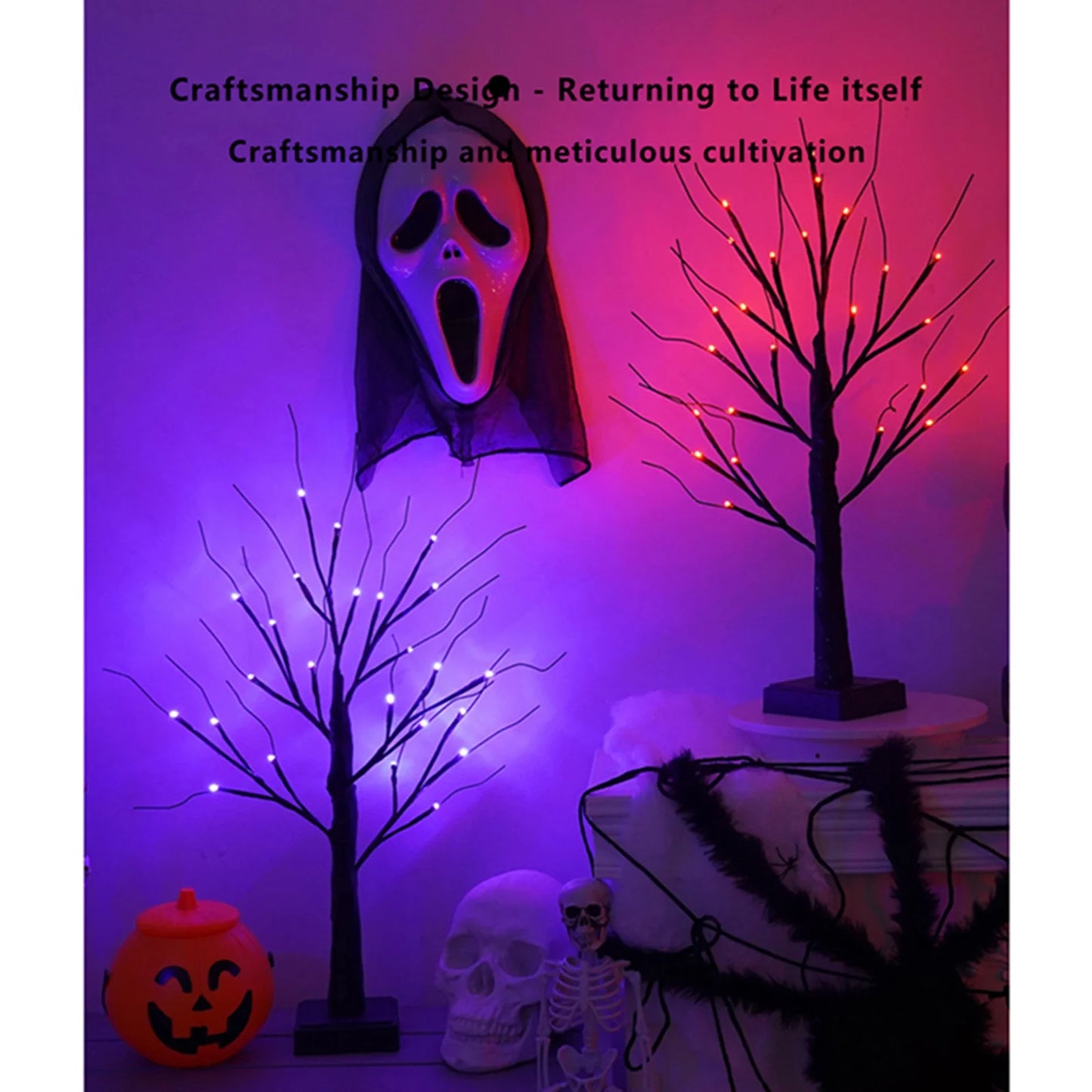 23.6 Inch Halloween Birch Tree Halloween Decorations Black Christmas Tree with 24LED Orange and Purple Lights and Halloween Lights Indoor Tabletop Tree Light,2 Light Modes,Usb/Battery Power