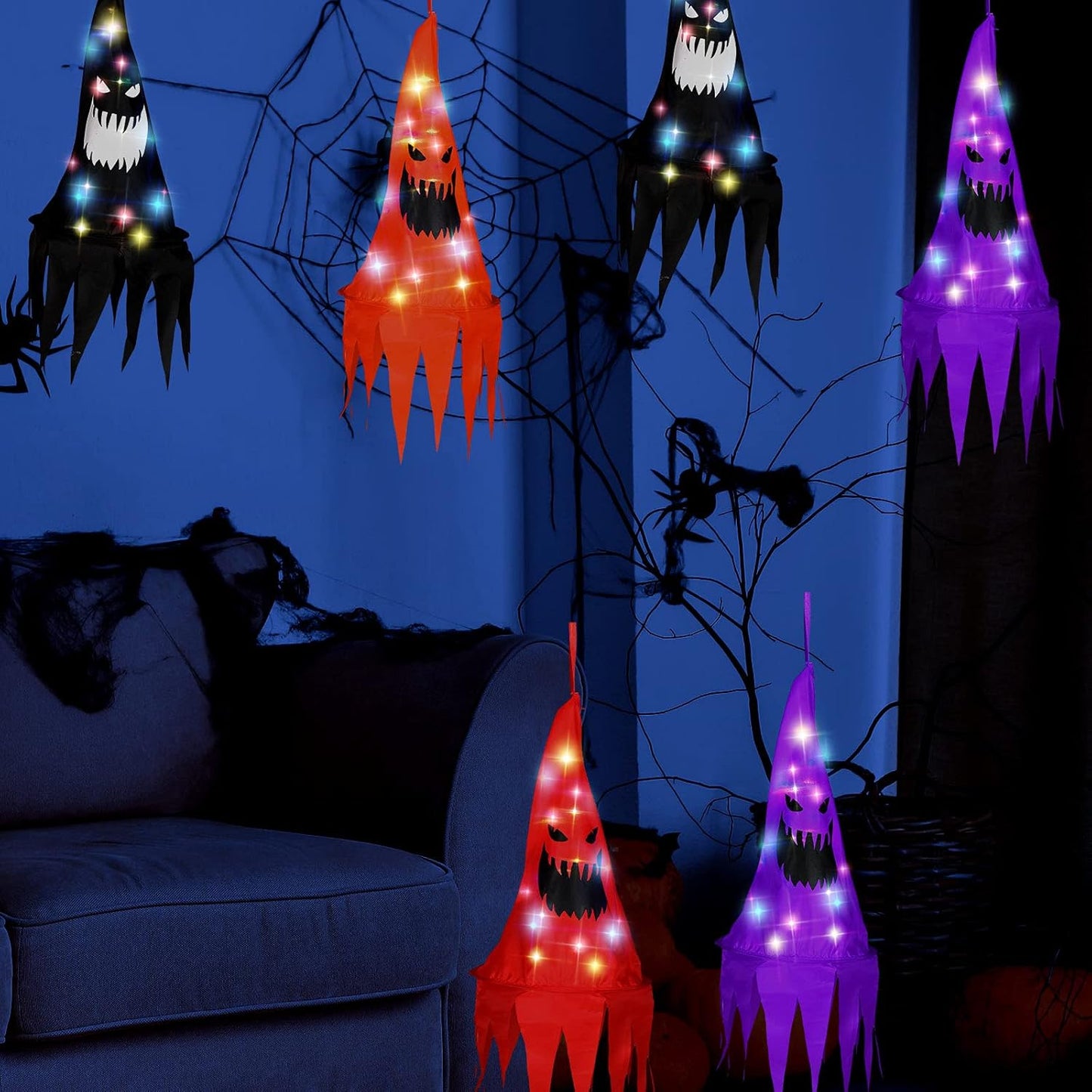 8 Pieces Halloween Witch Hat Decorations Witch Hats String Light Halloween Witch Decorations for Garden, Indoor, Yard, Tree, Party, Suitable for Ages 8 and Up(Ghost Style)
