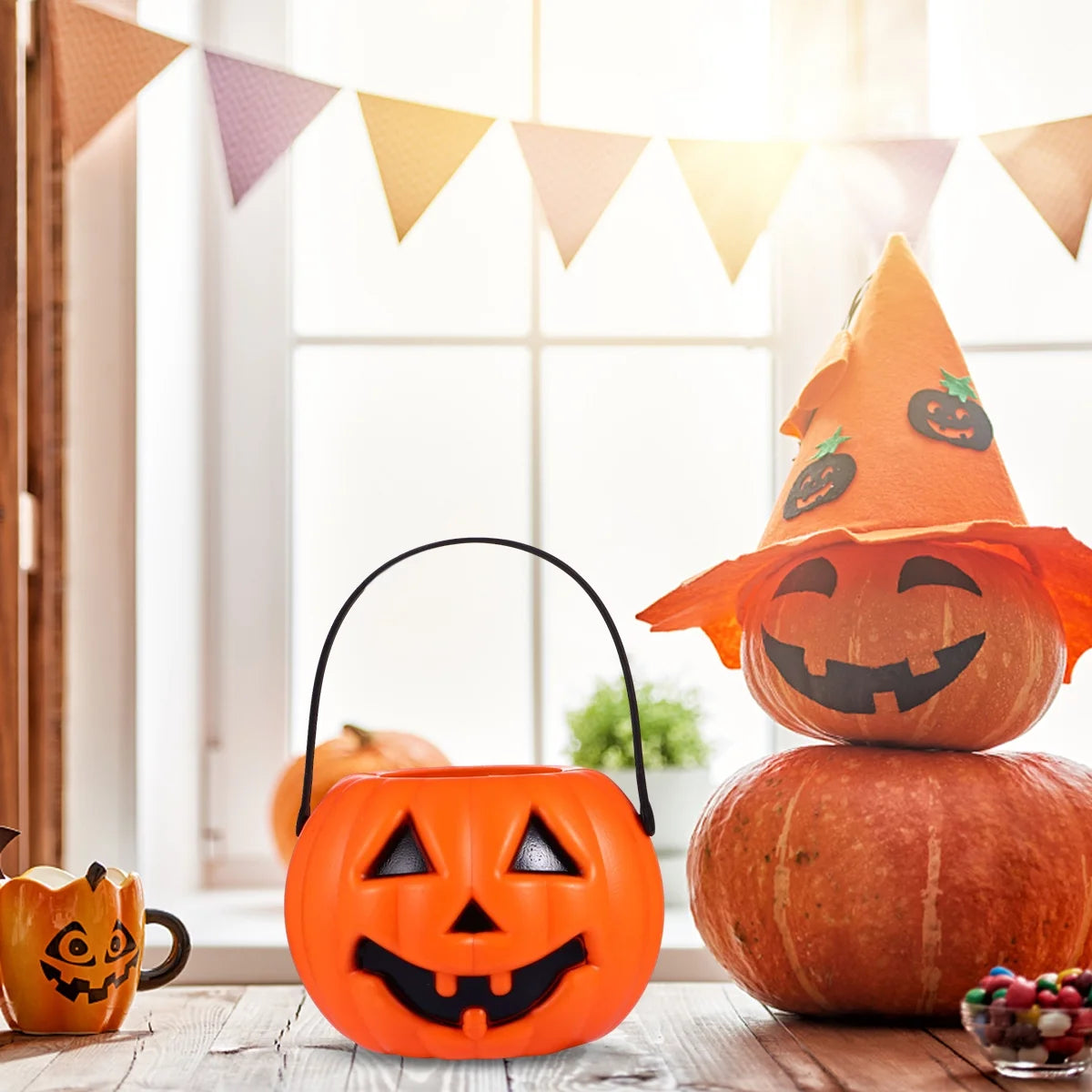 2Pcs Pumpkin Bucket Candy Storage Buckets Portable Pumpkin Lamp Orange
