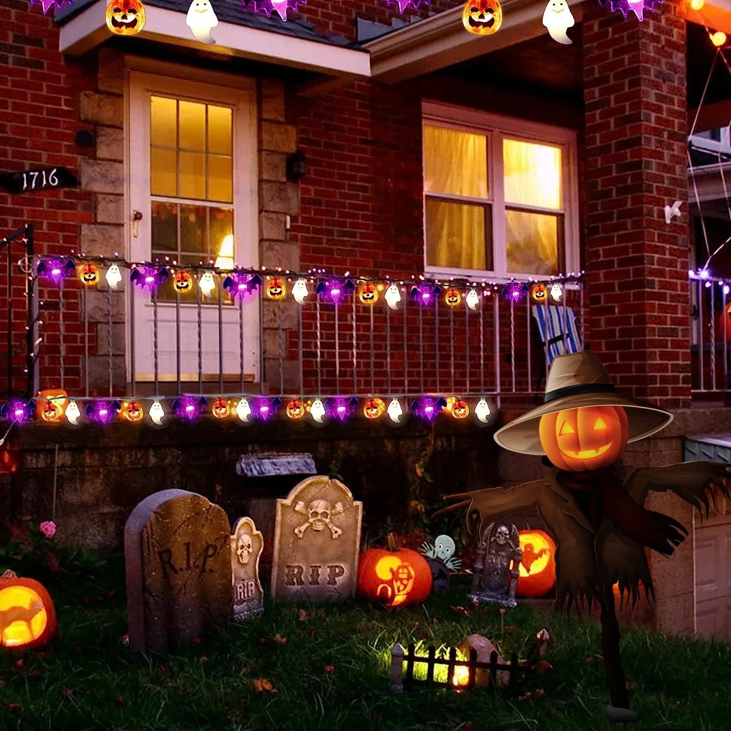 20Ft 40 LED Halloween String Lights with Pumpkin Bat Ghost, 8 Lighting Modes Waterproof Halloween Decorations for Home Party Decor