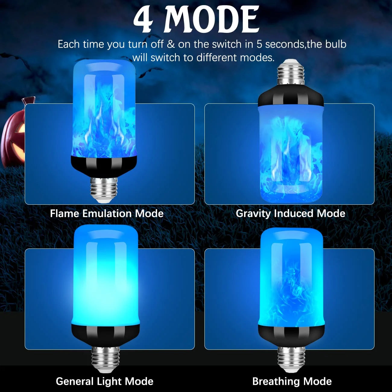 Upgraded LED Flame Light Bulb, 4 Modes Fire Flame Light Bulbs with Upside down Effect, E26 Base Flickering Light Bulbs for Halloween, Party, Outdoor, Indoor, Halloween Decor (2 Pack)
