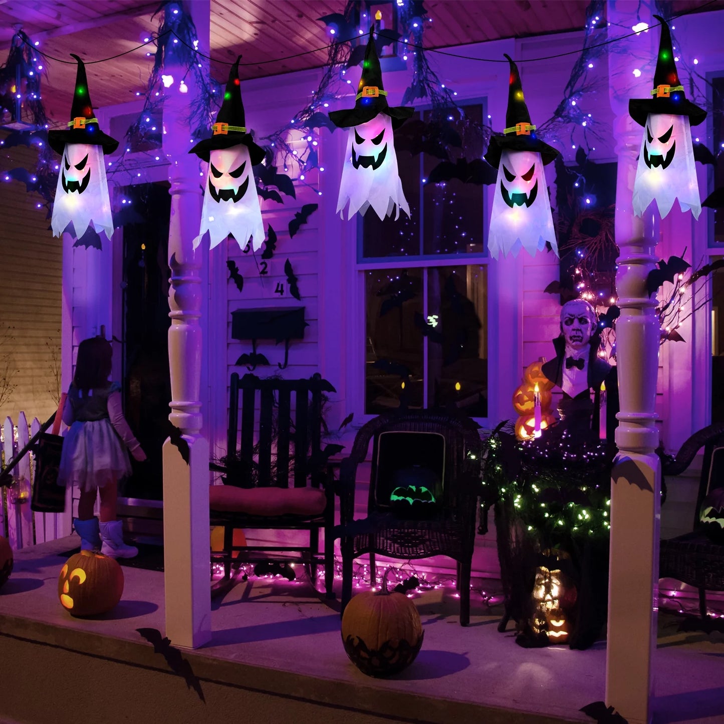 Lights Glowing Ghost Witch Hat Indoor Ornaments Halloween Lights for Home Tree Garden Yard (5 Pcs)