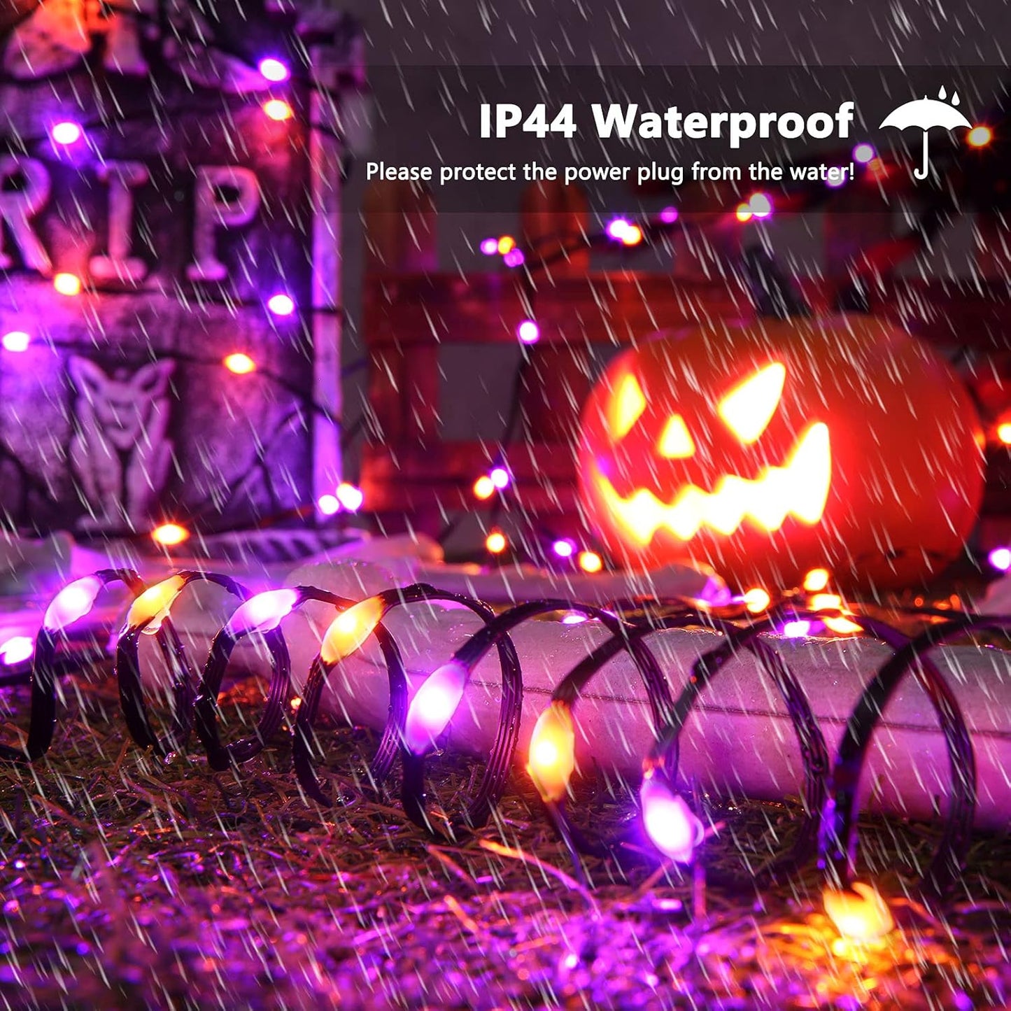 Orange & Purple Halloween String Lights - 72Ft 200 LED Outdoor Connectable, 8 Modes, Indoor Tree Black Wire for Party Haunted House Decor