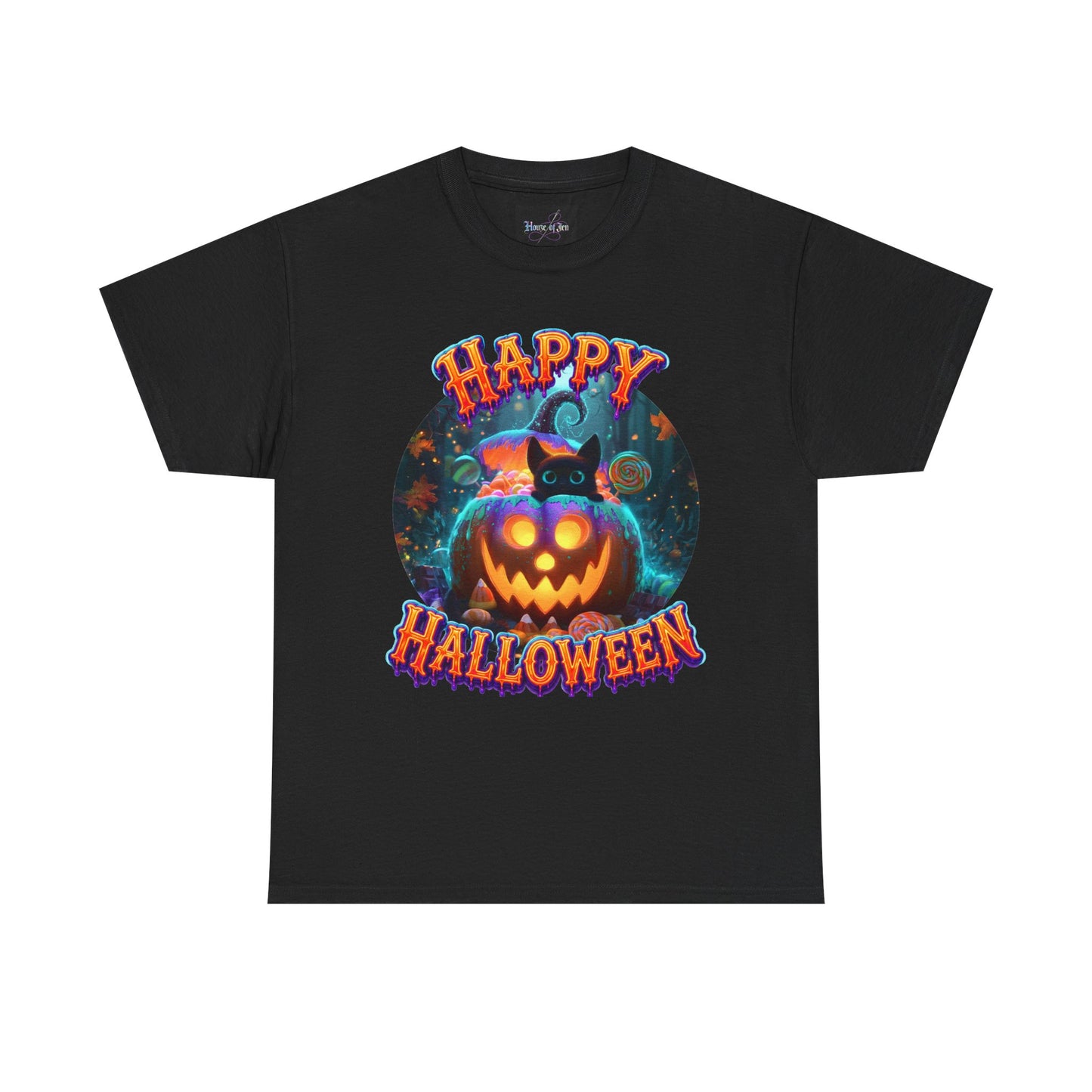 UNISEX T-SHIRT Happy Halloween — Glowing Jack-O'-Lantern & Black Cat Halloween Tee
