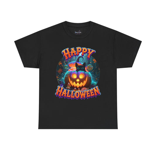 UNISEX T-SHIRT Happy Halloween — Glowing Jack-O'-Lantern & Black Cat Halloween Tee