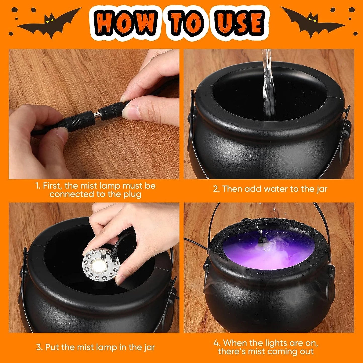 Halloween Party Mist Maker, Halloween Witch Cauldron Fog Maker with 12 LED Lights,Water Fountain Pond Fog Atomizer