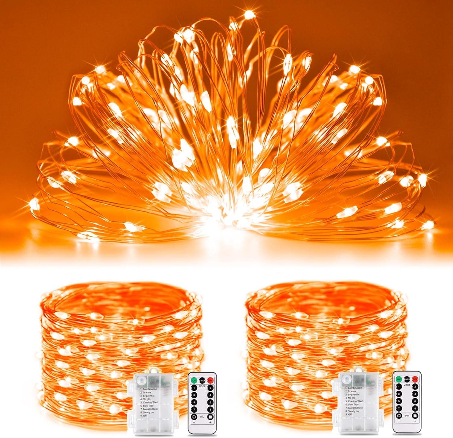 2 Pack Orange Fairy Lights, Total 200 LED 66Ft Battery Operated Halloween Lights with Remote, 8 Modes Twinkle String Light for Halloween Thangksgiving Fall Tree Indoor Outdoor Decoration