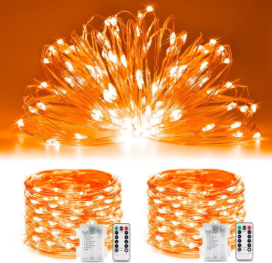 2 Pack Orange Fairy Lights, Total 200 LED 66Ft Battery Operated Halloween Lights with Remote, 8 Modes Twinkle String Light for Halloween Thangksgiving Fall Tree Indoor Outdoor Decoration