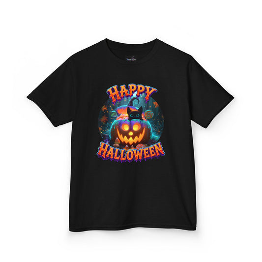KIDS T-SHIRT Halloween - Happy Halloween GLOWING Jack-o'-Lantern Pumpkin & Black Cat