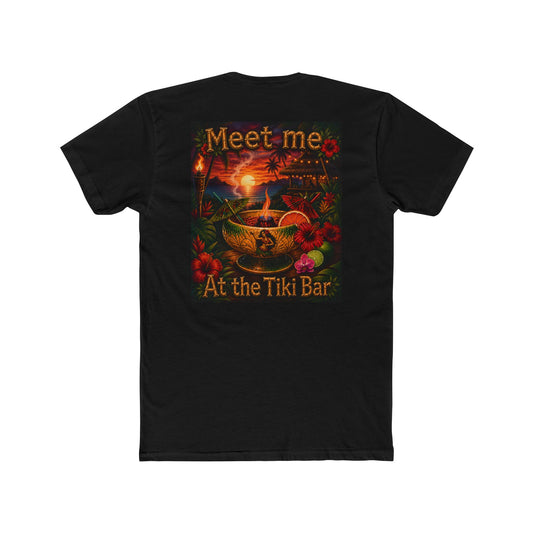 Unisex T-Shirt — "Meet Me at the Tiki Bar" Back Design Tropical Sunset Pocket Tee