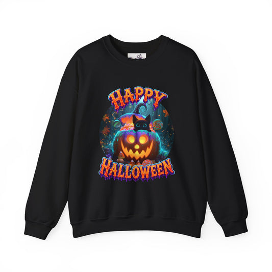 SWEATSHIRT Happy Halloween— Glowing Jack-o'-Lantern & Black Cat Crewneck