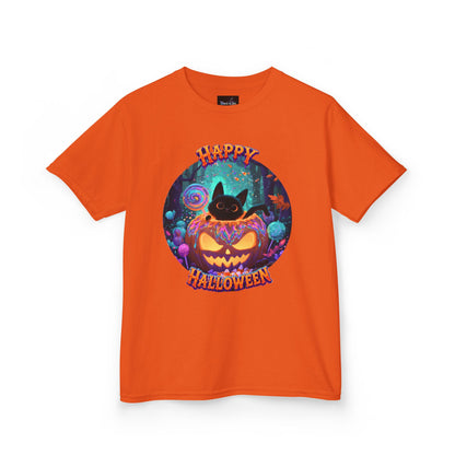 KIDS T-SHIRT Halloween  — Happy Halloween SMILING Cat & Jack-O'-Lantern Pumpkin Design