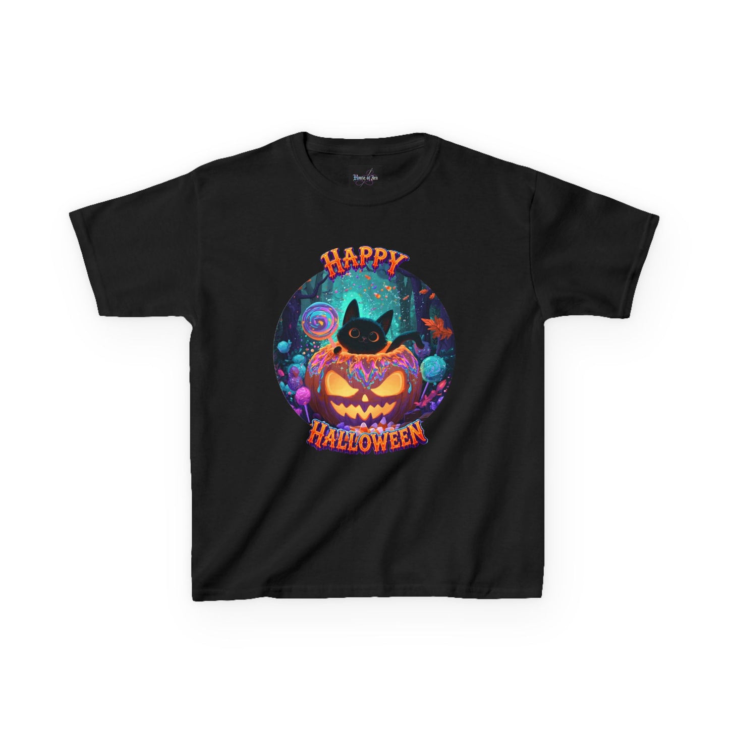 KIDS T-SHIRT Halloween  — Happy Halloween SMILING Cat & Jack-O'-Lantern Pumpkin Design