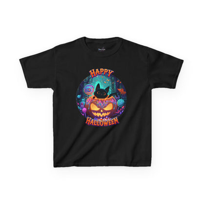 KIDS T-SHIRT Halloween  — Happy Halloween SMILING Cat & Jack-O'-Lantern Pumpkin Design