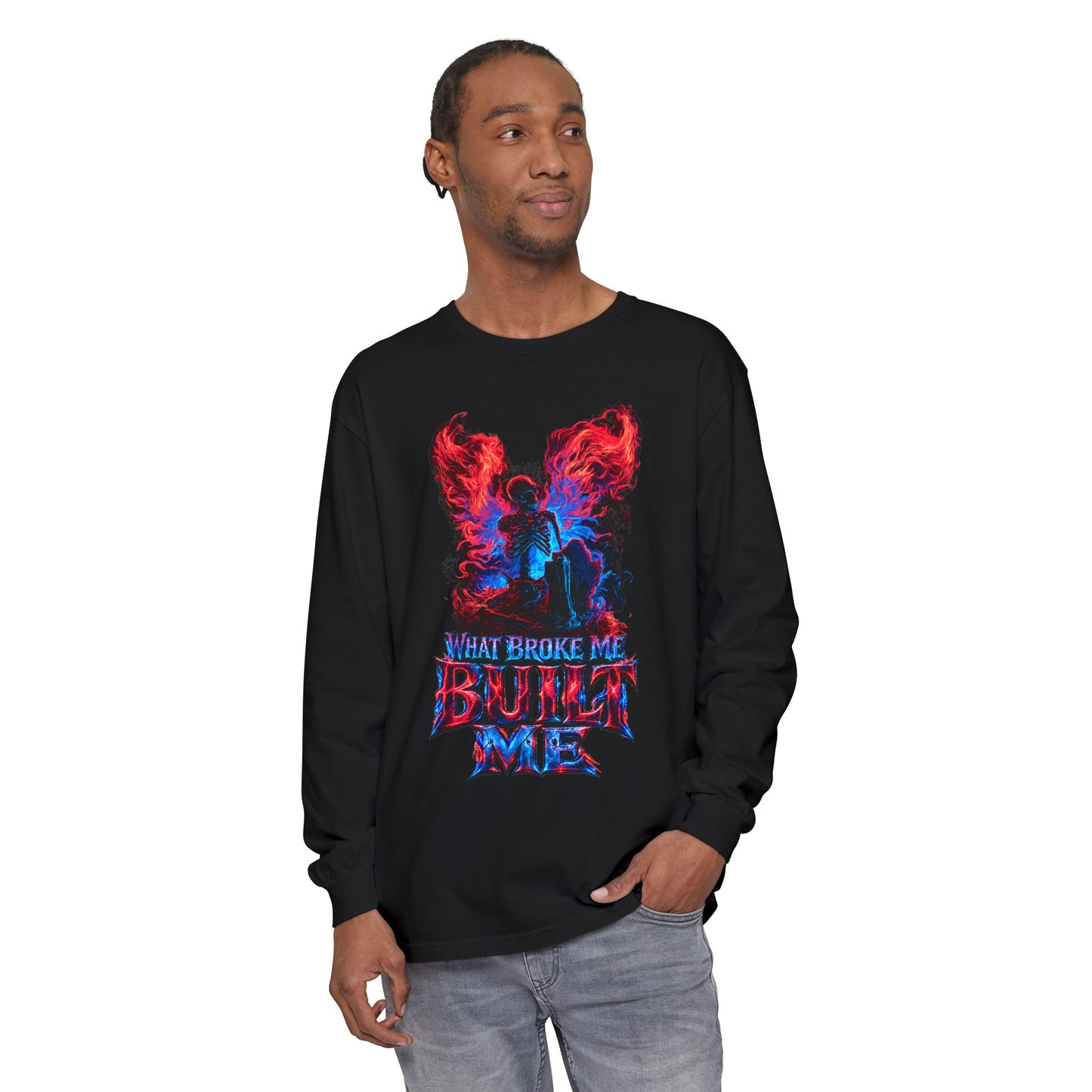 UNISEX LONG SLEEVE T-SHIRT — "What Broke Me Built Me" Neon Angel Graphic