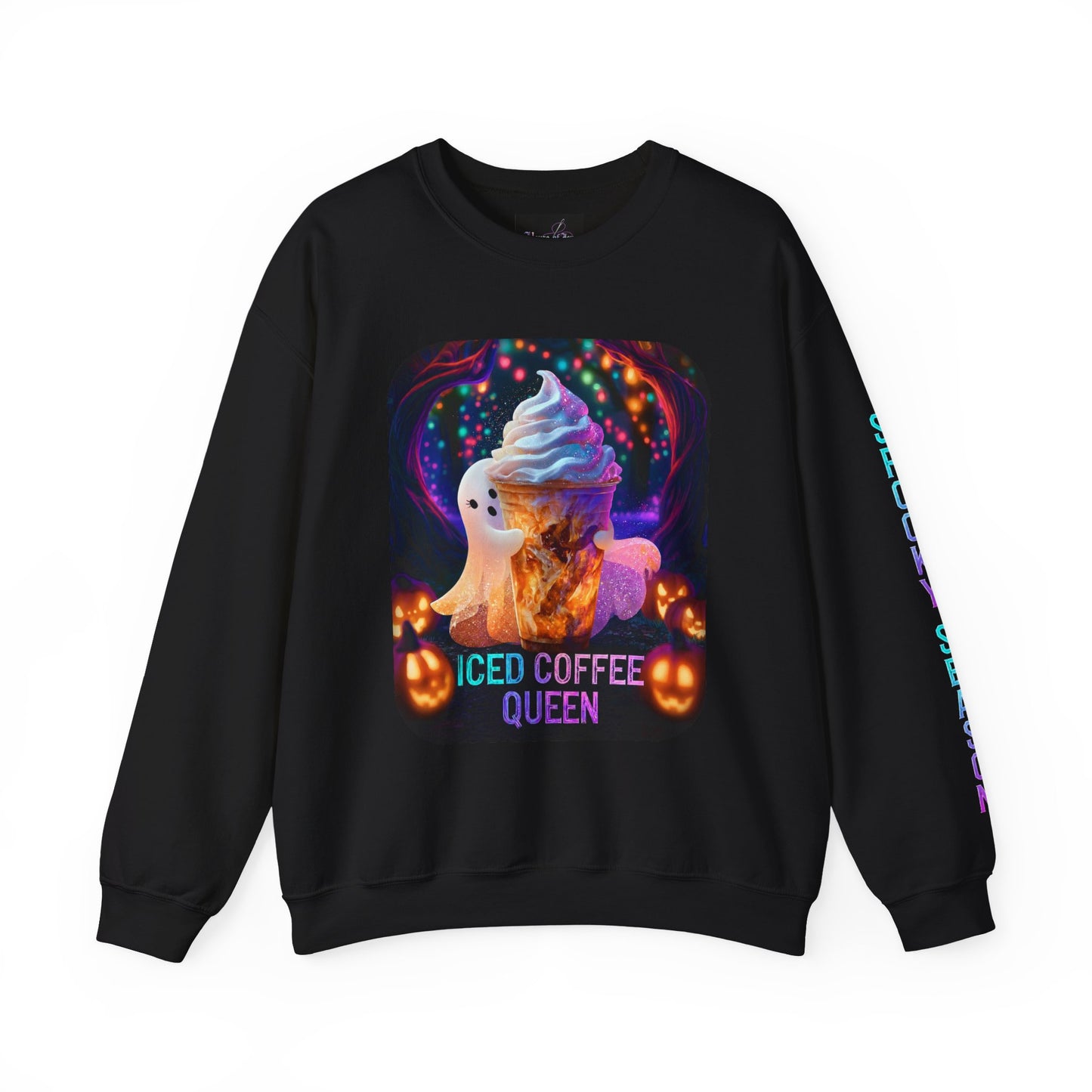 WOMENS SWEATSHIRT - Iced Coffee Queen — Cute Halloween Ghost Coffee Crewneck w/ Custom Sleeve Option