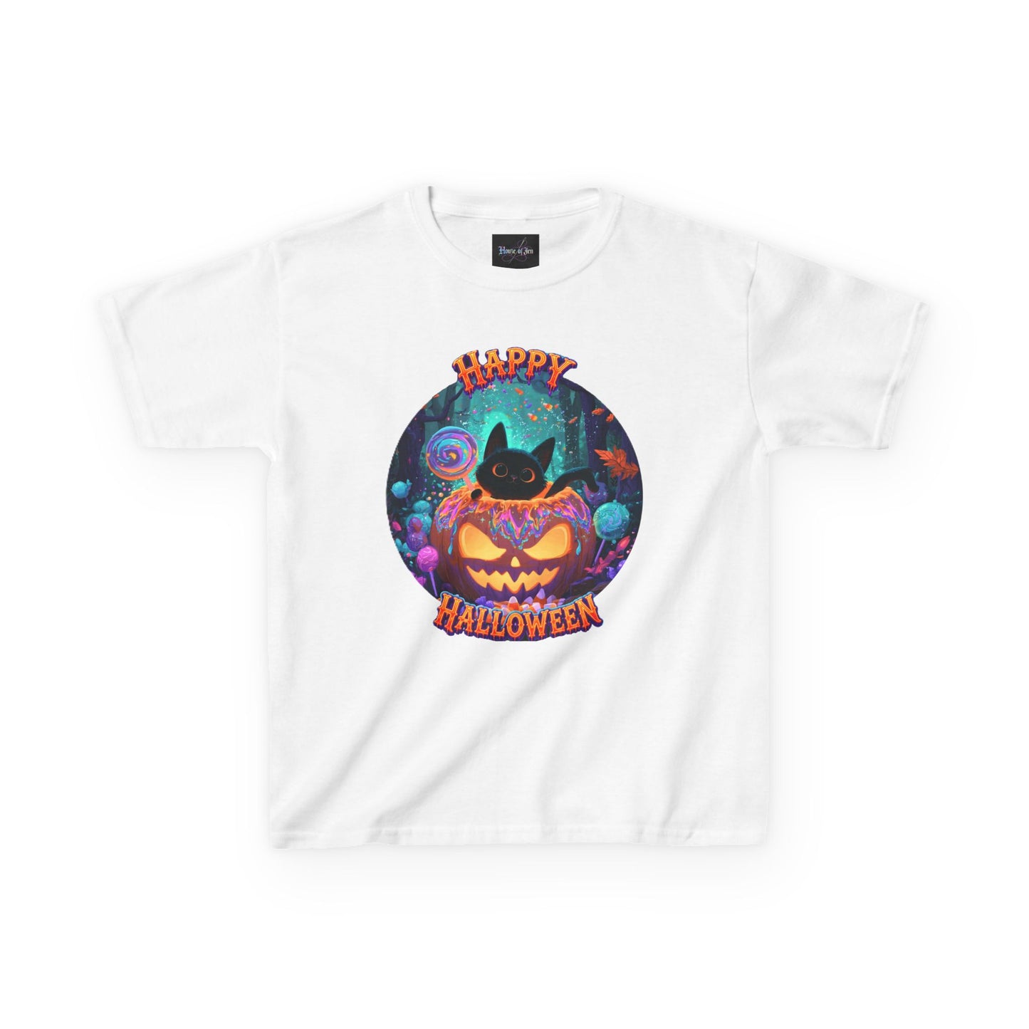 KIDS T-SHIRT Halloween  — Happy Halloween SMILING Cat & Jack-O'-Lantern Pumpkin Design