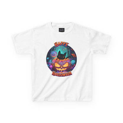 KIDS T-SHIRT Halloween  — Happy Halloween SMILING Cat & Jack-O'-Lantern Pumpkin Design