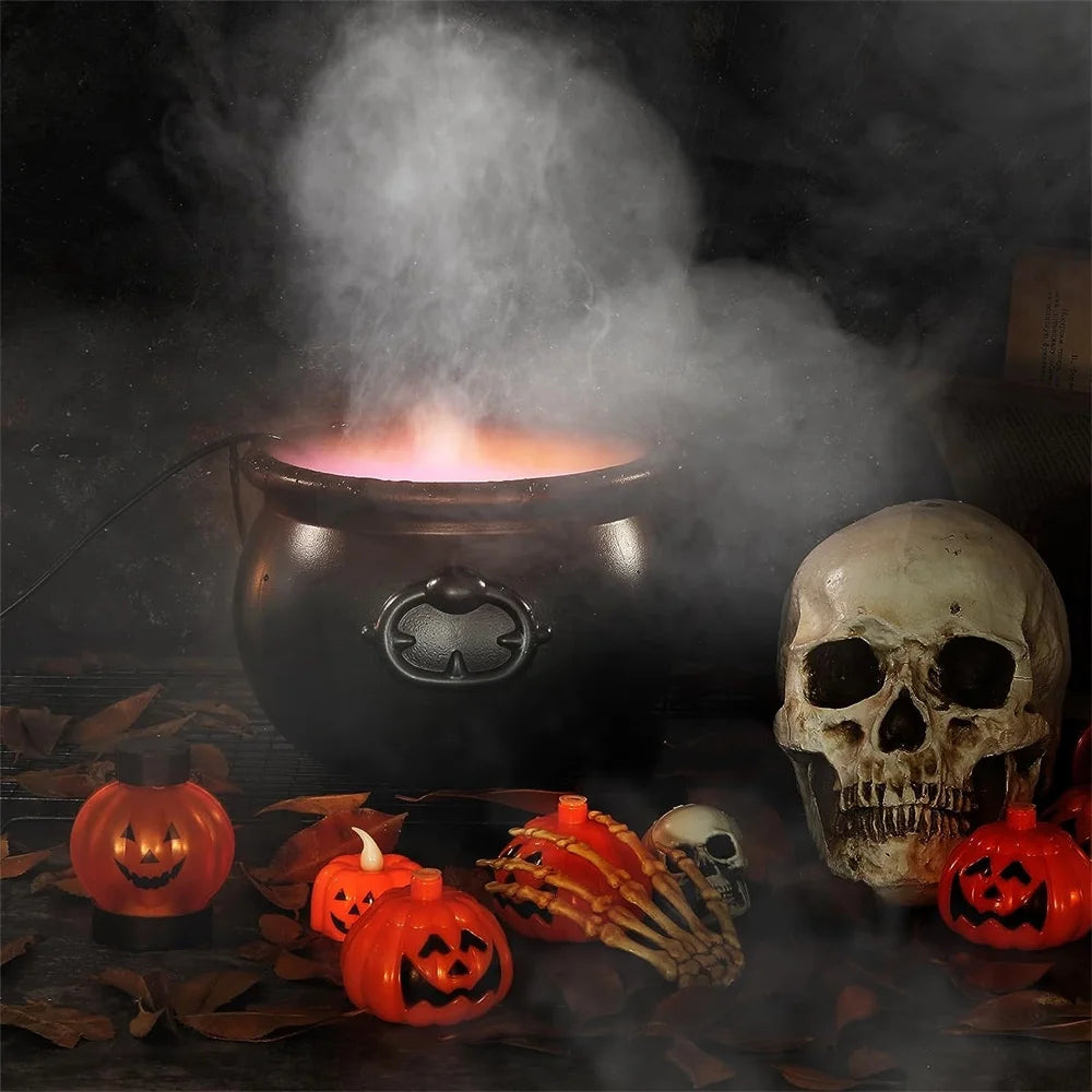 Halloween Party Mist Maker, Halloween Witch Cauldron Fog Maker with 12 LED Lights,Water Fountain Pond Fog Atomizer