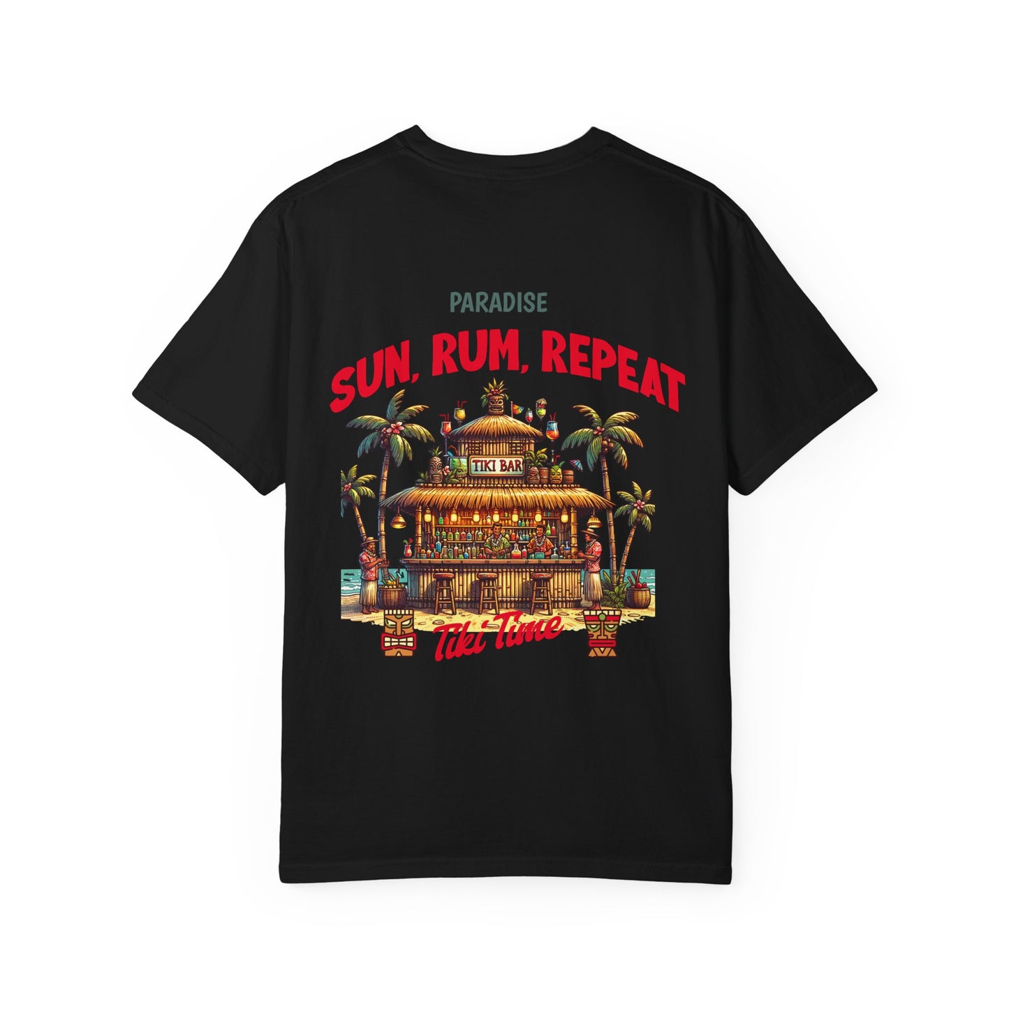 MENS TIKI BAR T-SHIRT — "Sun, Rum, Repeat" Tropical Tiki Paradise