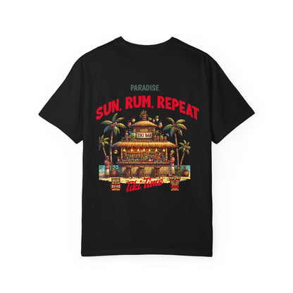 MENS TIKI BAR T-SHIRT — "Sun, Rum, Repeat" Tropical Tiki Paradise