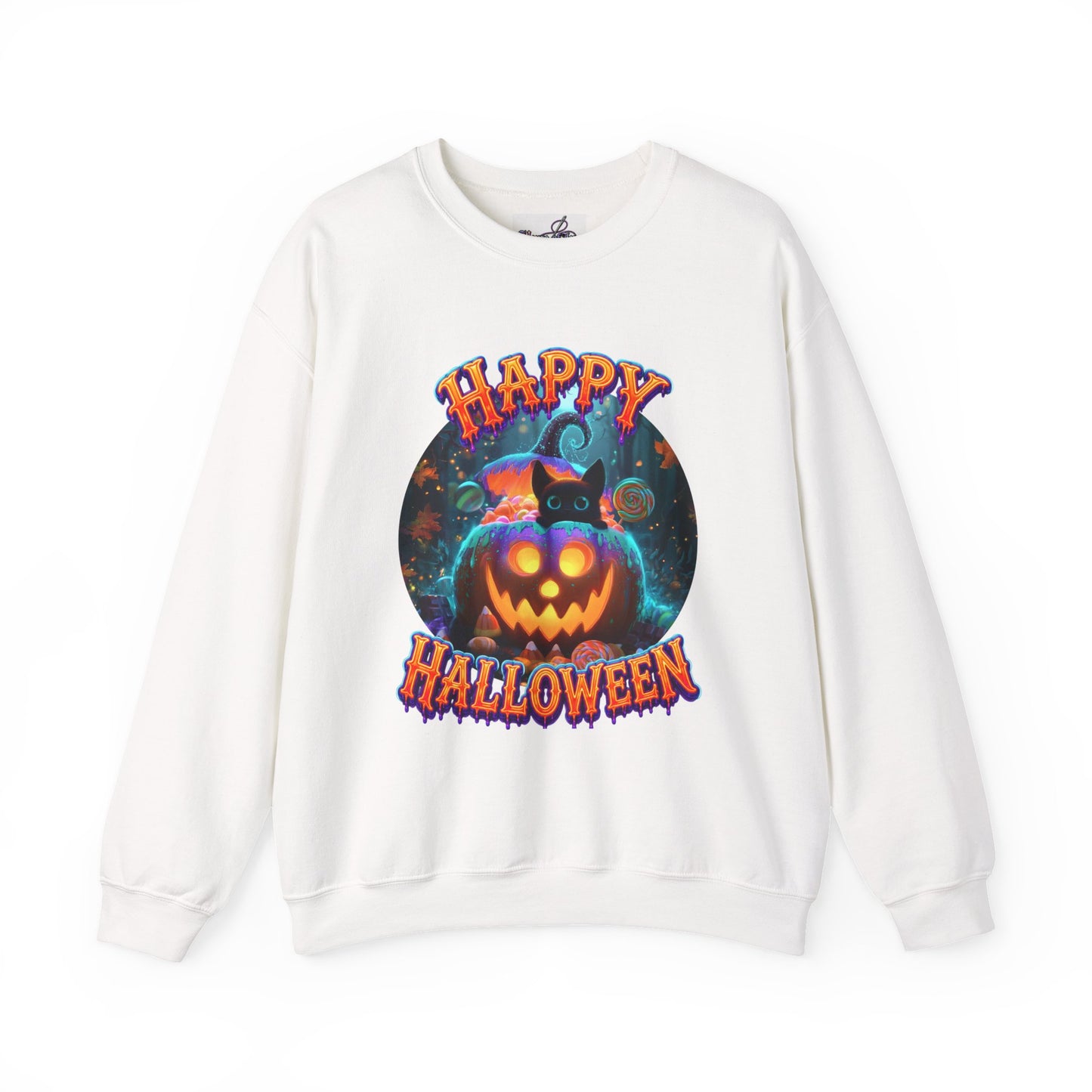 SWEATSHIRT Happy Halloween— Glowing Jack-o'-Lantern & Black Cat Crewneck