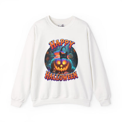 SWEATSHIRT Happy Halloween— Glowing Jack-o'-Lantern & Black Cat Crewneck