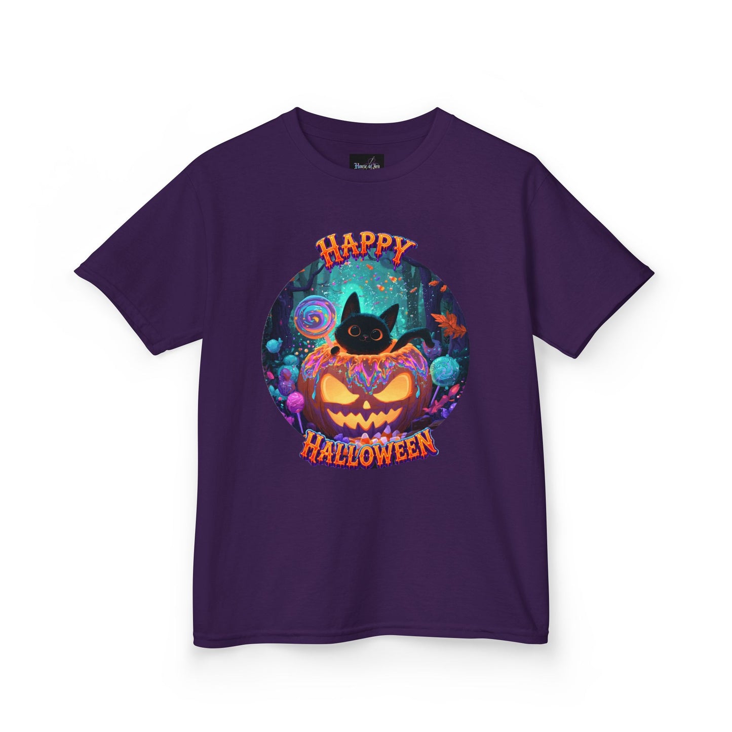 KIDS T-SHIRT Halloween  — Happy Halloween SMILING Cat & Jack-O'-Lantern Pumpkin Design