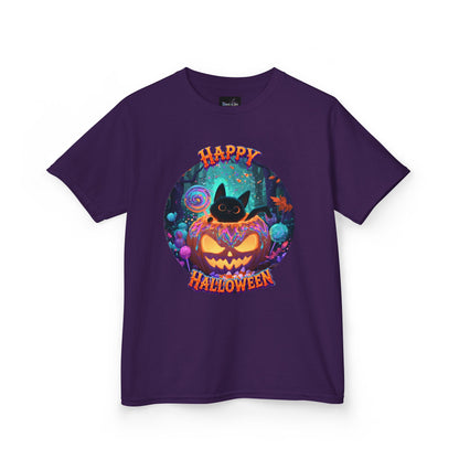 KIDS T-SHIRT Halloween  — Happy Halloween SMILING Cat & Jack-O'-Lantern Pumpkin Design