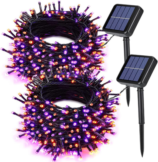 2 Pack Orange Purple Halloween Solar String Lights Total 144 FT 400 LED 8 Modes Waterproof Solar Halloween Lights Outdoor for Halloween Decorations