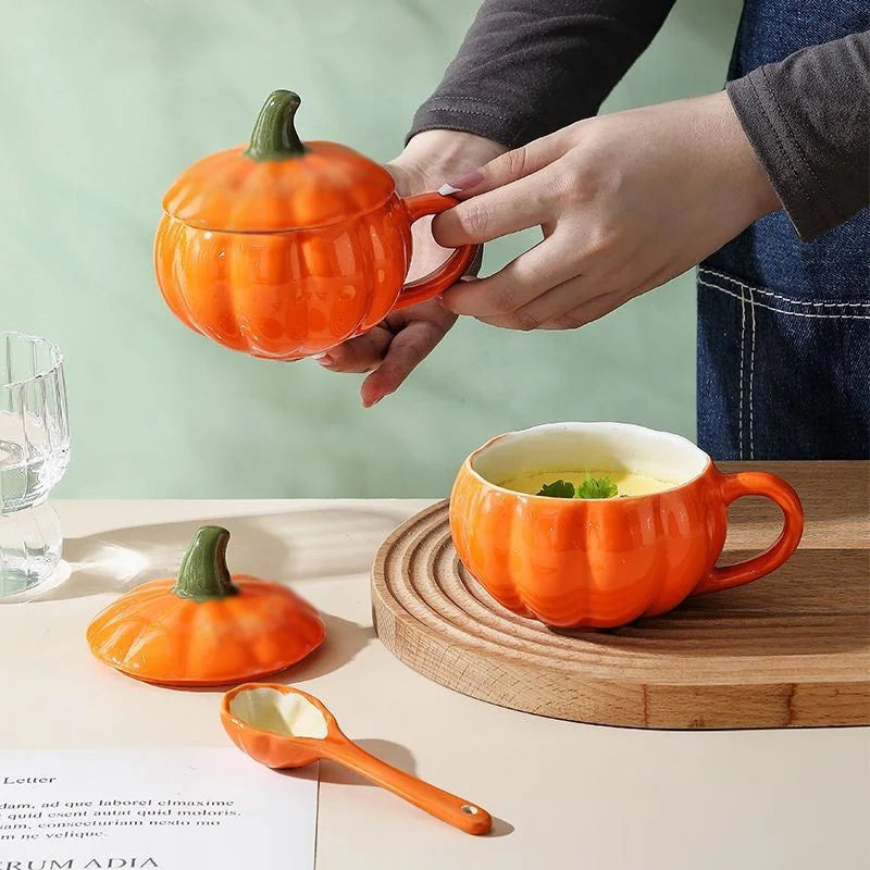 Halloween Creative Pumpkin Mug Ceramic Cup with Spoon Soup Mug with Lid Oatmeal Breakfast Cup for Kids Tea Milk Coffee Cup