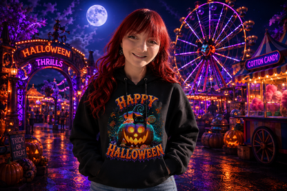 SWEATSHIRT Happy Halloween— Glowing Jack-o'-Lantern & Black Cat Crewneck