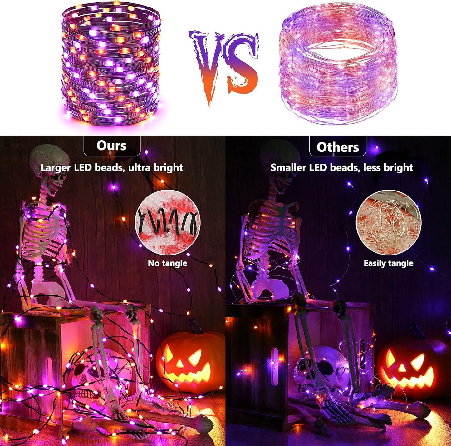 Orange & Purple Halloween String Lights - 72Ft 200 LED Outdoor Connectable, 8 Modes, Indoor Tree Black Wire for Party Haunted House Decor