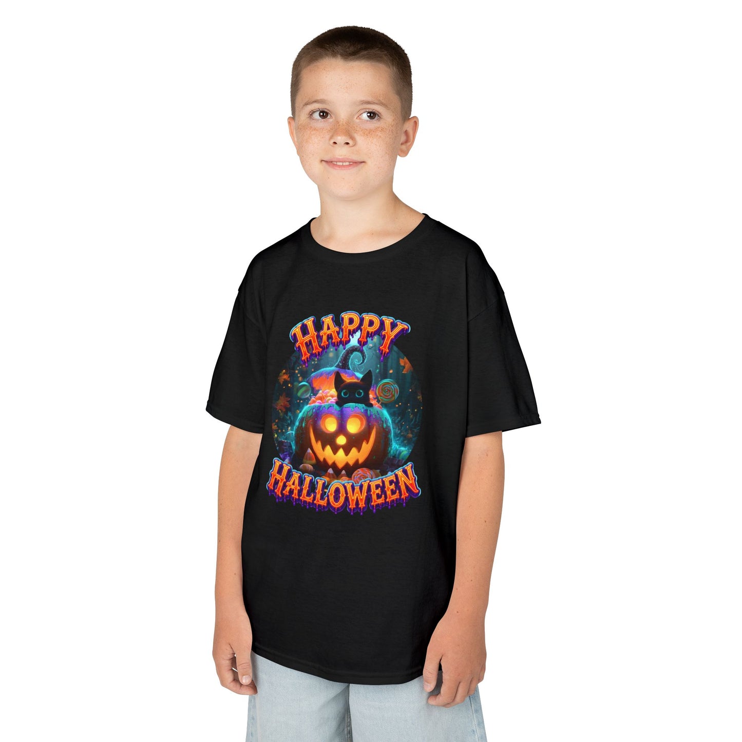 KIDS T-SHIRT Halloween - Happy Halloween GLOWING Jack-o'-Lantern Pumpkin & Black Cat
