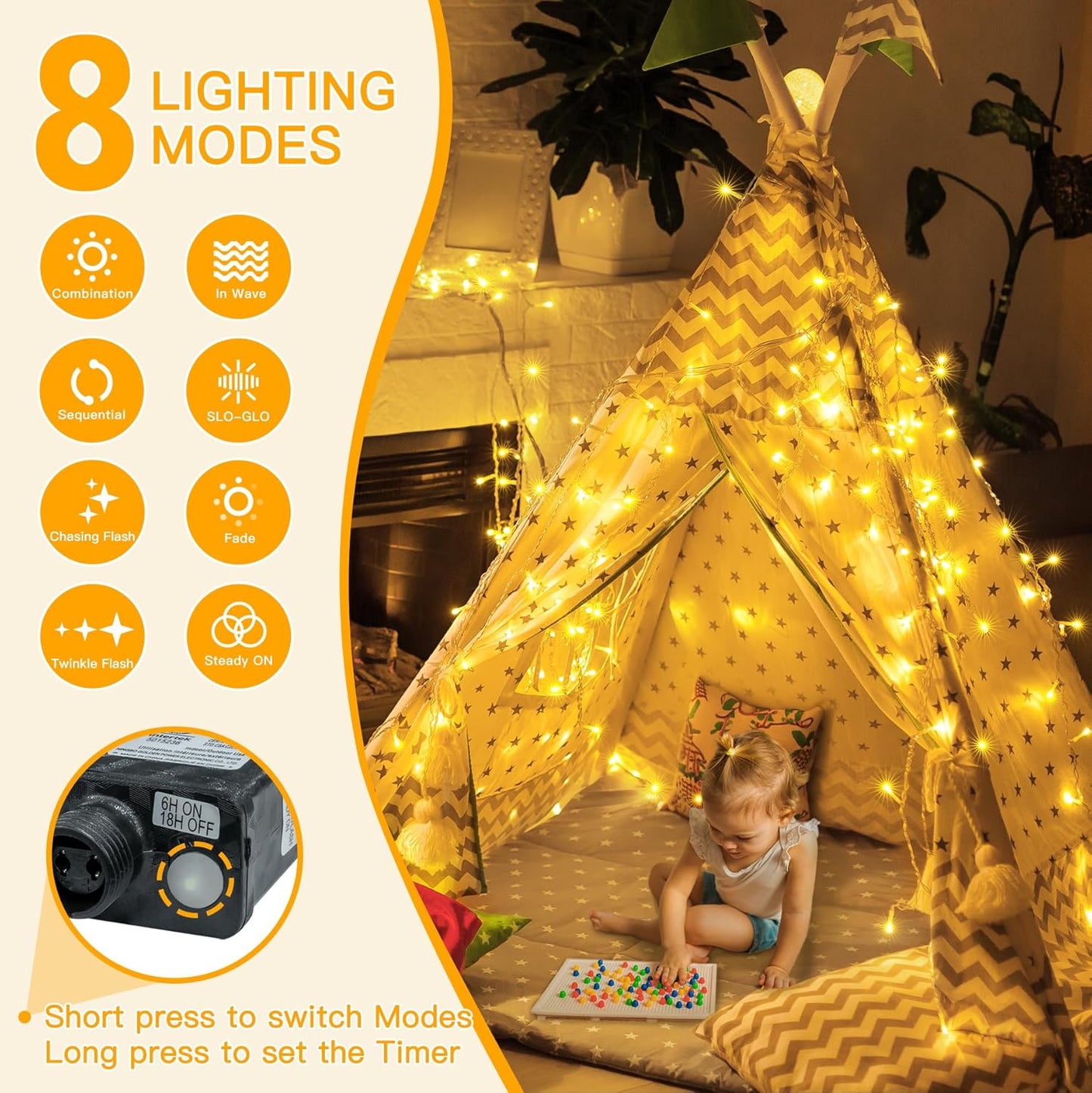 String Lights Indoor 200LED 60FT, Warm White Connectable Plug in LED Outdoor Light, 8 Modes Waterproof Timer Christmas Lights for outside Bedroom House Party Wedding Camping