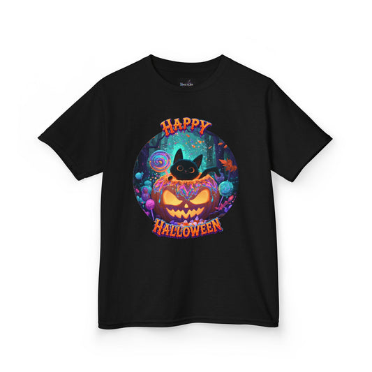 KIDS T-SHIRT Halloween  — Happy Halloween SMILING Cat & Jack-O'-Lantern Pumpkin Design