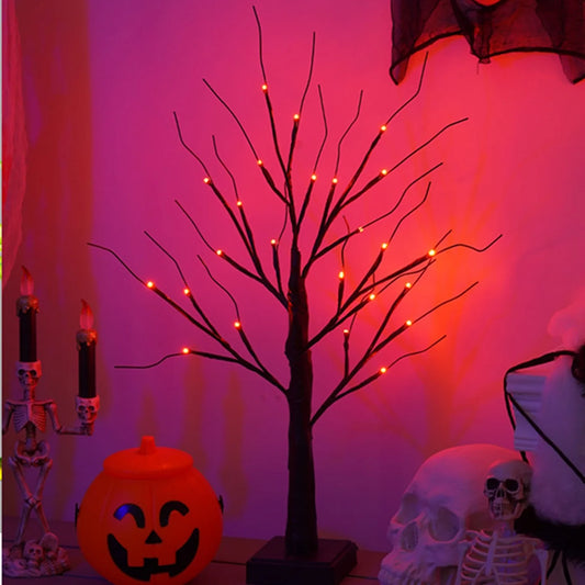 23.6 Inch Halloween Birch Tree Halloween Decorations Black Christmas Tree with 24LED Orange and Purple Lights and Halloween Lights Indoor Tabletop Tree Light,2 Light Modes,Usb/Battery Power